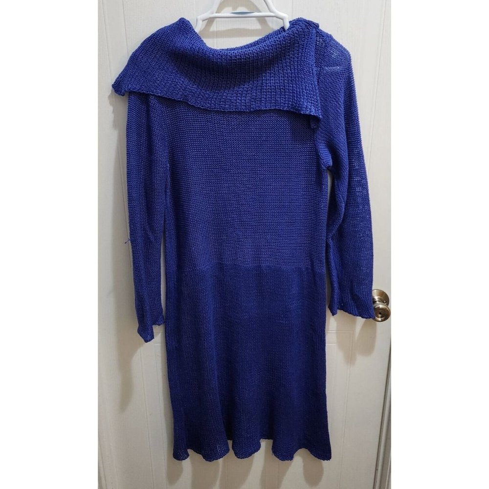 ZUZA BART Women's L/S Split Cowl Neck Dress Knit‎ 100% Linen Blue Lagenlook Sz L